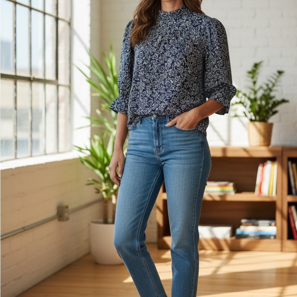 Floral Navy Blue Women's Top size medium used - Picture 7 of 7